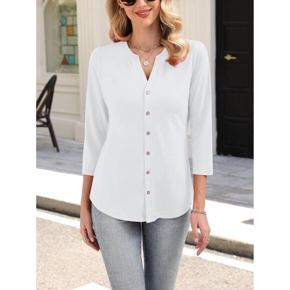 Women's Cotton Blend Button Down Top 3/4 Sleeve V Neck Casual Summer Stylish - Picture 3 of 6